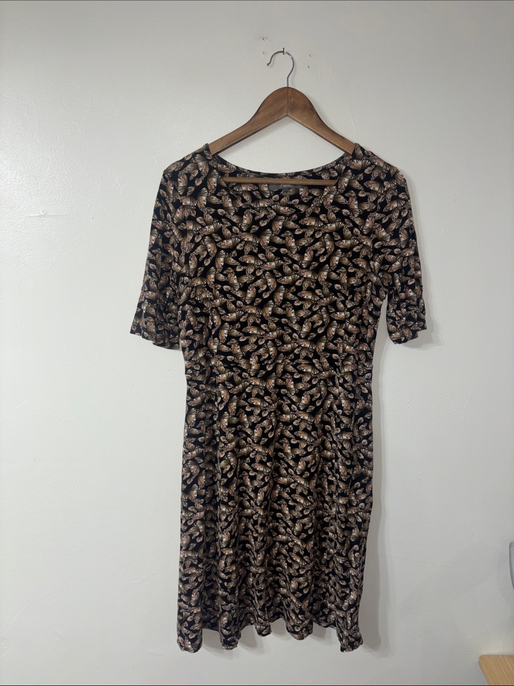 Next Black and Tan Butterfly and Mushroom Print Midi Length A-Line Dress Size 14